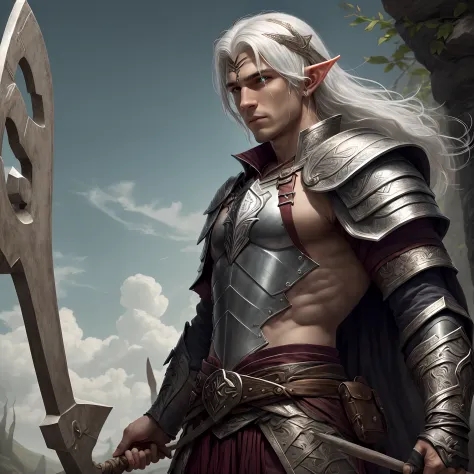 (melhor qualidade, altas),bright white-haired young elf man in a silver armor with runic details,segurando um arco e flechas