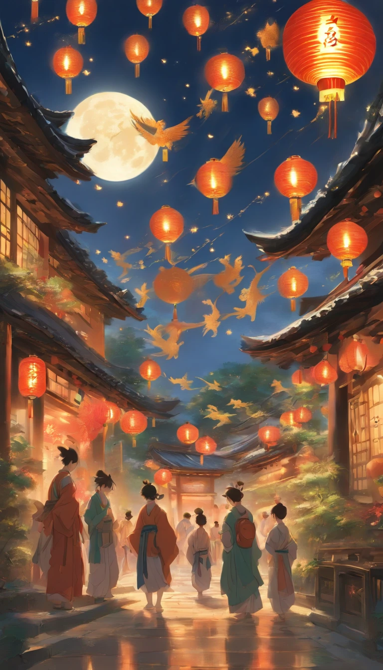 A painting of people walking down a street with lanterns hanging from ...