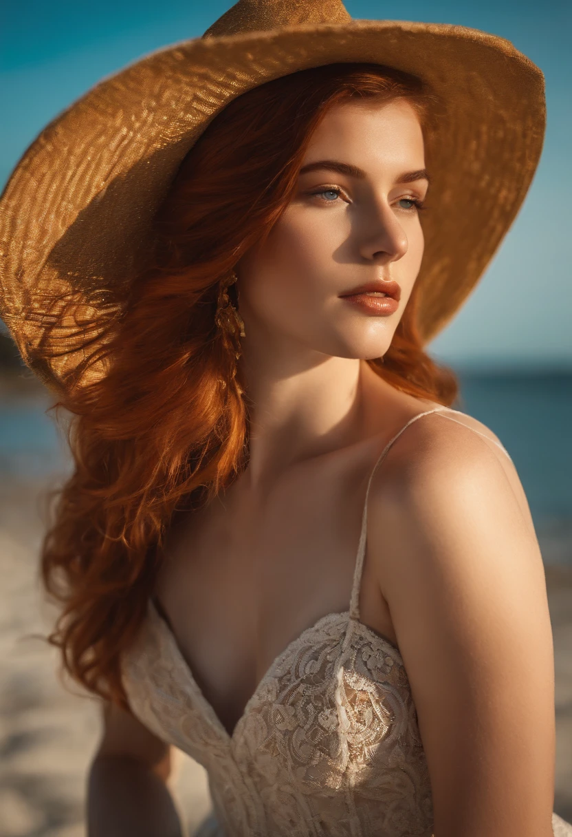 A woman with red hair wearing a hat and dress on the beach - SeaArt AI