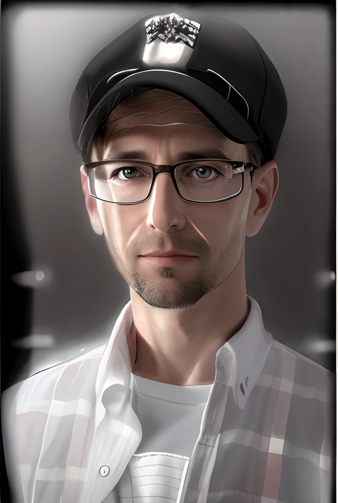 there is a man wearing a hat and glasses and a shirt, realistic portrait photo, high quality portrait, photorealistic portrait, photo realistic portrait, photo-realistic face, nerdy man character portrait, inspired by Dietmar Damerau, detailed portrait, photorealistic digital painting, man with glasses, hyperrealistic portrait, realistic portrait, portrait shot, closeup portrait shot