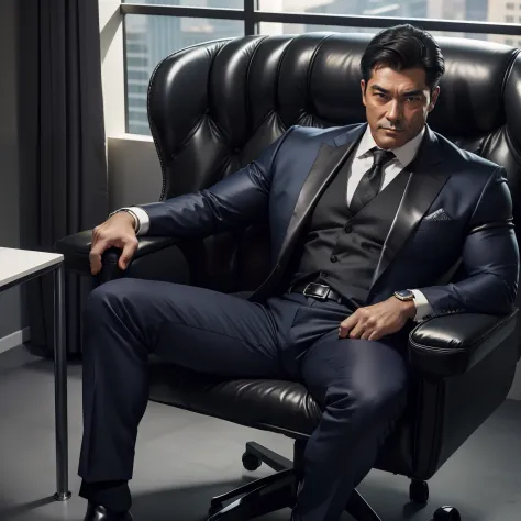 50 years old,daddy,shiny suit ,Dad sat on a chair,k hd,in the office,big muscle, gay ,black hair,asia face,masculine,strong man,...