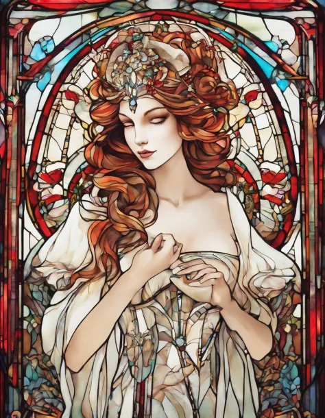 Woman in a white half mask, grandes asas de anjo, vestido vermelho longo, innocence