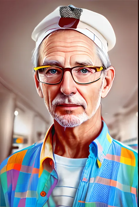 there is a old man wearing a hat and glasses and a shirt, realistic portrait photo, high quality portrait, photorealistic portra...