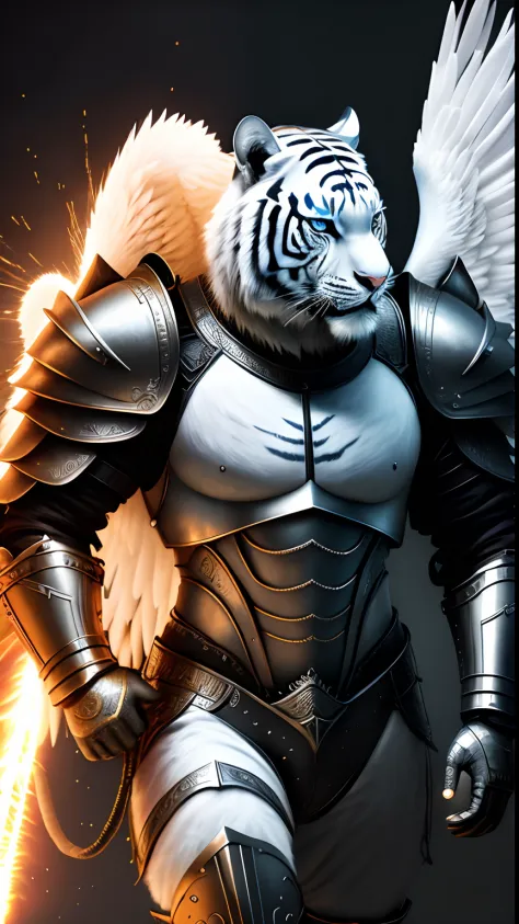 Animalrizz   ((angel)) 10, masterpiece, highres, Absurd,photorealistic portrait, Parley_armature, Cute tiger in armor ,Wear Parley_armature, Massive futuristic armor, running, move, Rocket propulsion,((from the side))