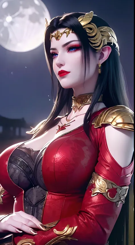 1 extremely beautiful queens,((wearing sexy red and black armor :1.6)), (((Eye-catching patterns on the shirt:1.6))), ((long black hair:1.6)), jewelry elaborately made from precious stones and beautiful hair, ((wearing a 24k gold lace necklace:1.4))), the ...