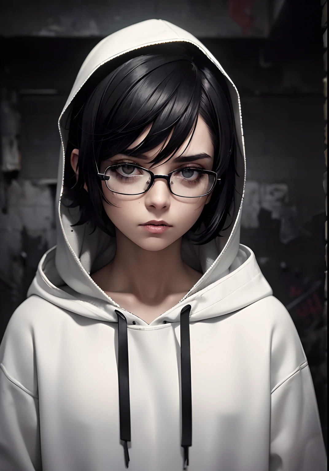 (very short black hair,square glasses,white sweater,hood,drug addict), illustrations, urban decay, abandoned building, graffiti, gloomy atmosphere, dim lighting, intense emotions, gritty texture, high contrast, desaturated colors. (best quality,ultra-detailed,realistic), dark and edgy style, monochromatic color scheme