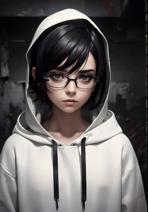 (very short black hair,square glasses,white sweater,hood,drug addict), illustrations, urban decay, abandoned building, graffiti,...