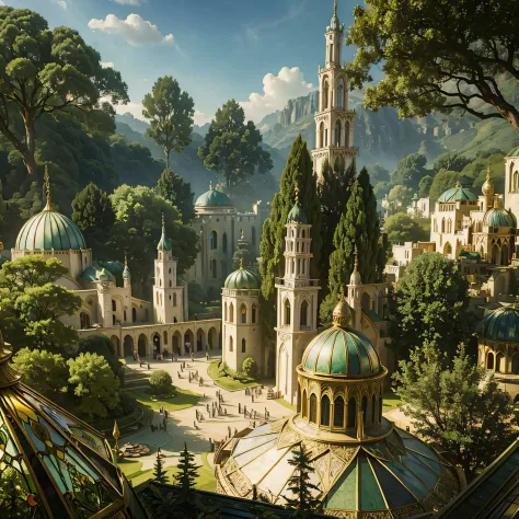 The elvish gohic-arab architecture city of the Elf Empire, one stained glass dome tower and  a crowd of elves in a market in a l...