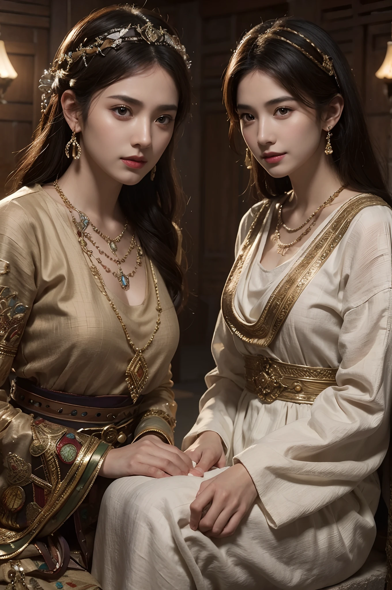 Les proportions sont les mêmes pour toutes les races, Tous les visages et images doivent être différents, Haute qualité, Ultra réaliste, Closeup portrait de deux belles femmes de l&#39;ancienne Mésopotamie,lorgnant:1.4,pose dynamique, Ancienne civilisation mésopotamienne, Babylonie, Uruk, tuniques de différentes longueurs, vêtements en lin, colliers d&#39;agates,vêtements cachemire translucides, Kaunakès, articles en bronze, un petit sourire, Hauts murs en pisé, Luminisme, rendu 3D, rendu d&#39;octane, Cinématique, Isométrique, superbe en couleur, 8K Ultra HD, par Yukisakura, très détaillé,