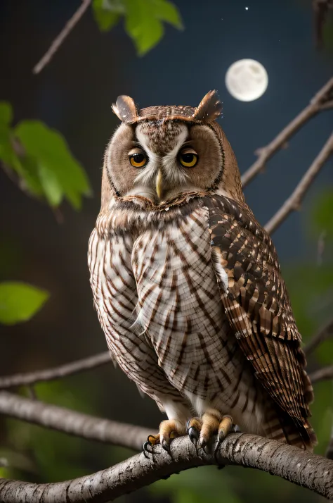 "RAW photo, best, masterpiece, best quality, high quality, extremely detailed, a rust brown owl with black spots, in a leafy tree, it's a crescent moon night, stars in the sky, cinematic color, scene from a movie , intricate details, the best quality, very...