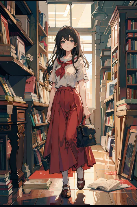 anime girl in a room with a lot of books and a purse, indoor, at the library, white shirt, red skirt