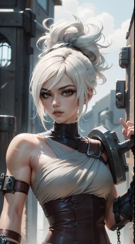 (Masterpiece:1.2), best quality, riven \(league of legends\), 1girl, sarashi, muscular female, abs, white hair, black eyeshadow, bare shoulders, upper body, potrait