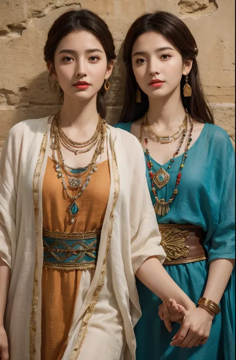 The proportions are the same for all races, All faces and pictures must be different, High quality, Ultra-realistic, Close-up portrait of two beautiful women in ancient Mesopotamia,leering:1.4,Dynamic pose, Ancient Mesopotamian civilization, Babylonia, Uru...