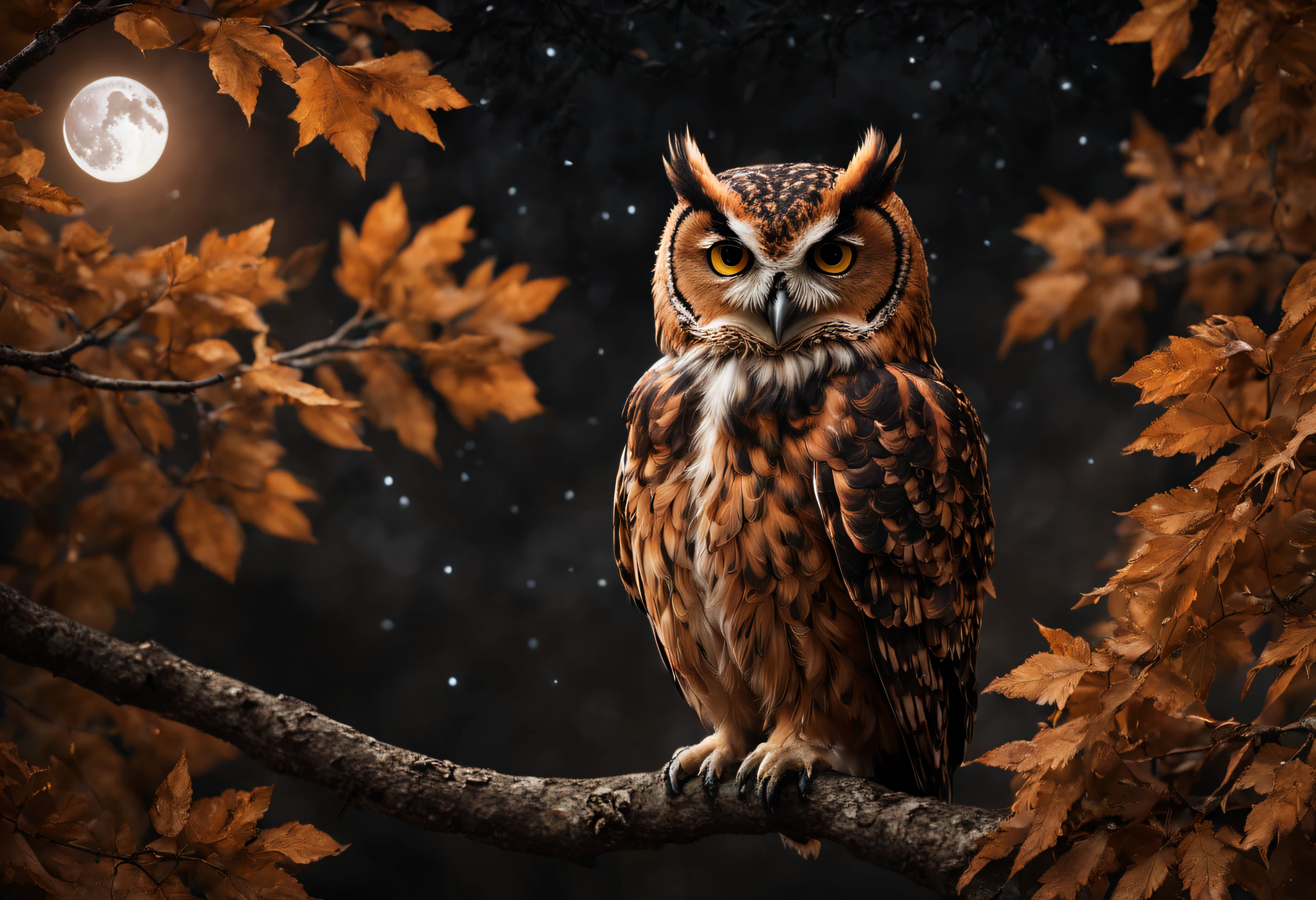 "RAW photo, best, masterpiece, best quality, high quality, extremely detailed, a rust brown owl with black spots, in a leafy tree, it's a crescent moon night, stars in the sky, cinematic color, scene from a movie , intricate details, the best quality, very realistic."