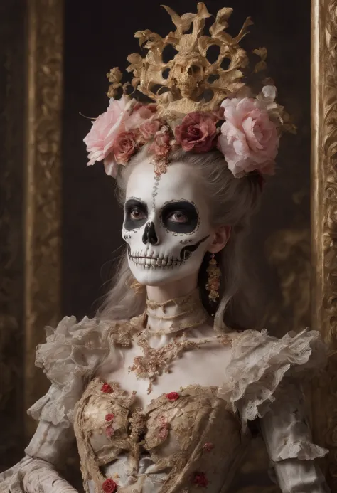 Movie poster Skeleton standing together in flowers and rococo-style costumes,（Whole body skeleton：1.3）， composed,Made of flowers, saint skeleton queen, Honed Enna Skeleton Geisha, Made of a complex skeleton, Victoria Day of the Dead, hauntingly beautiful a...