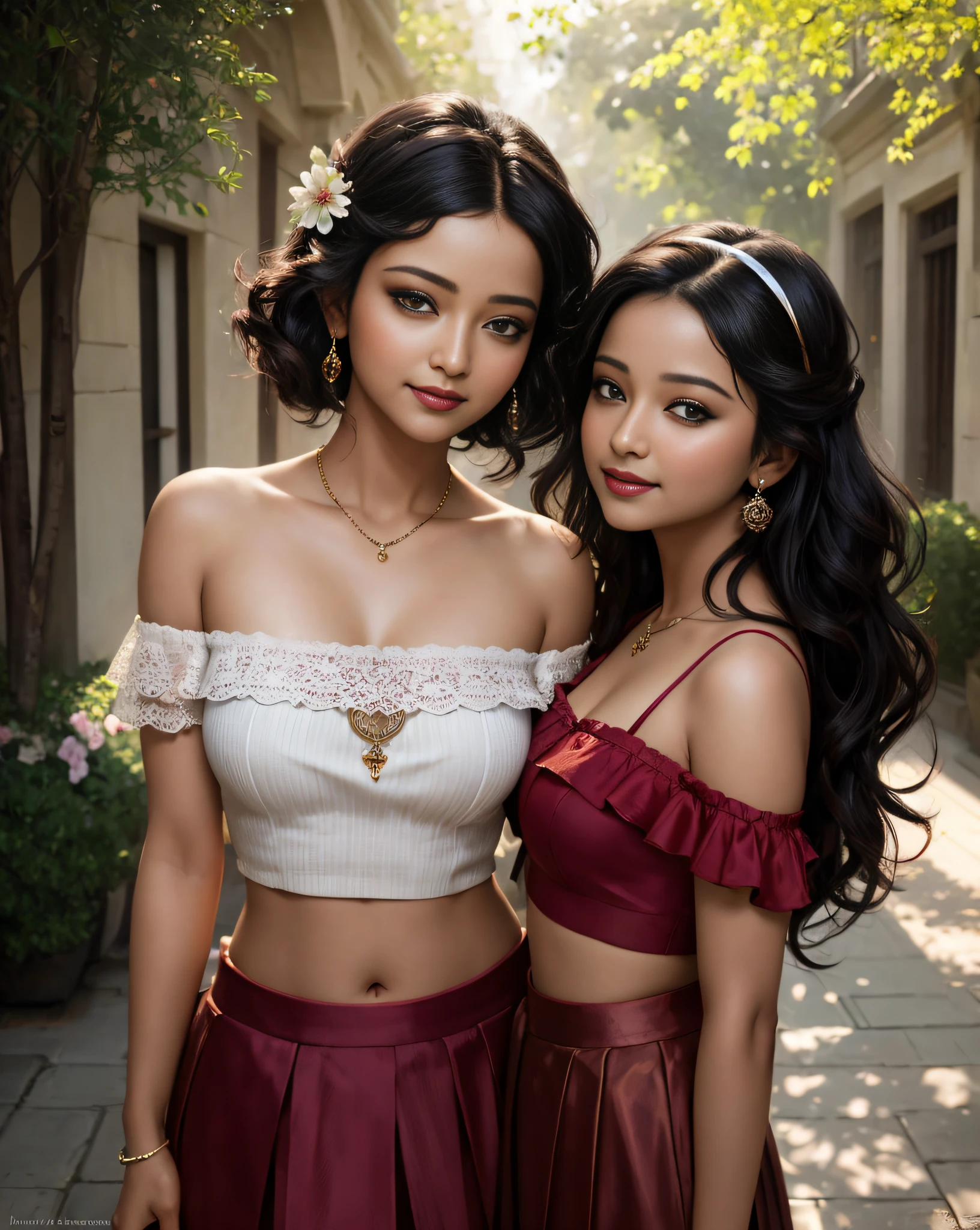 (masterpiece portrait photography:1.4) of a (solo:1.3) ravishing supermodel pirate woman Shweta Basu Prasad, on a picturesque rainy ornate courtyard, wearing cute off-shoulder red crop top and pleated skirt, reflections on street, glistening skin, sexy midriff, epaulette, cute cleavage, (perfect wavy backlit hair), hairband, scandalous, vivacious, , (captivating kohl lined eyes:1.3) , (seductive smile:1.3) flower trees, soft dramatic lighting, depth of field, backlit, light rays, highly detailed, trending on artstation, paint splashes, rich colour, adorable portrait, by Ron hicks, in style of Artgerm & Greg Rutkowsky