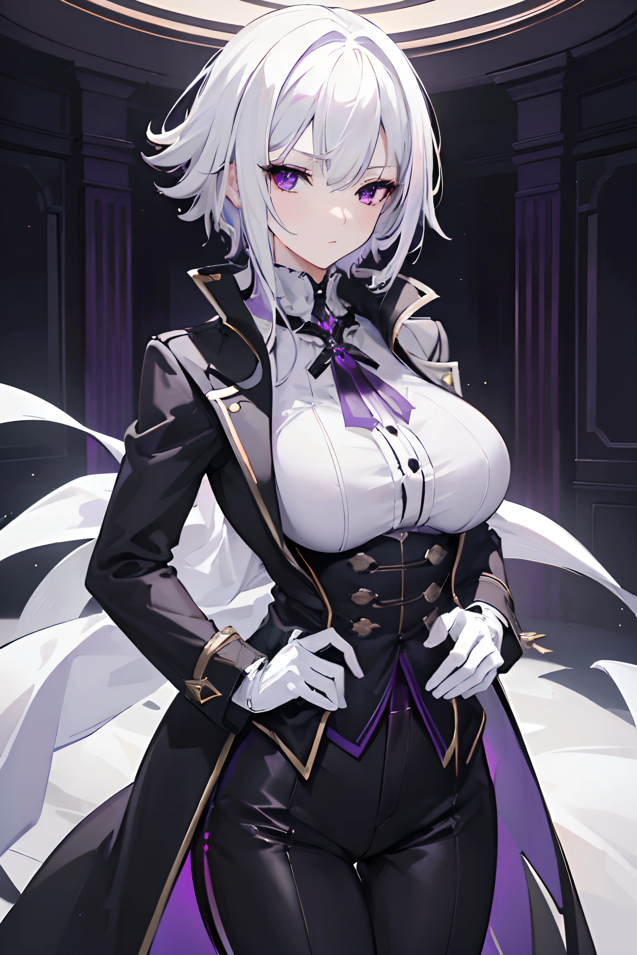 (masterpiece, best quality:1.2), illustration, 8k, hd, 1girl, solo, (((white hair, purple eyes, black coat))), large breasts, black pants, short hair, indoors, arle suit, serious expression, tall, mature, elegant, black gloves