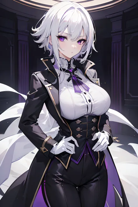 (masterpiece, best quality:1.2), illustration, 8k, hd, 1girl, solo, (((white hair, purple eyes, black coat))), large breasts, bl...