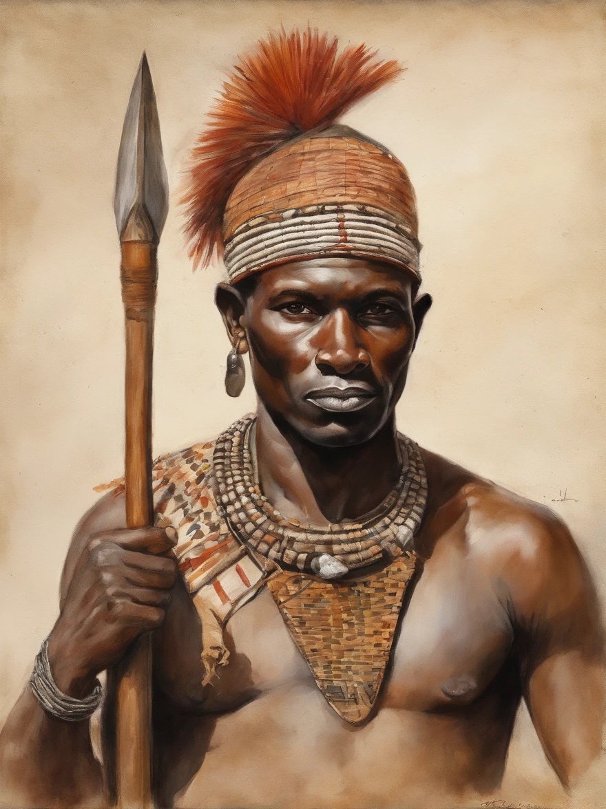 West African Spearman in Tribe, holding a spear and equipped with a ...