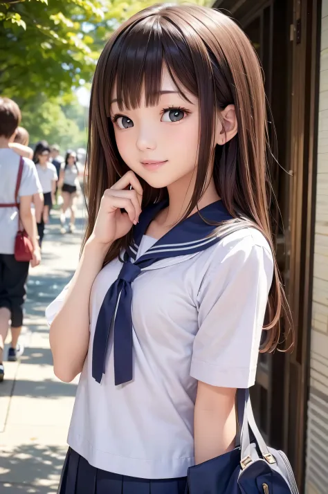 17 age、brown haired、beautidful eyes、real looking skin、hi-school girl、a sailor suit、small tits、(8K、​masterpiece)、(reallistic、Phot...