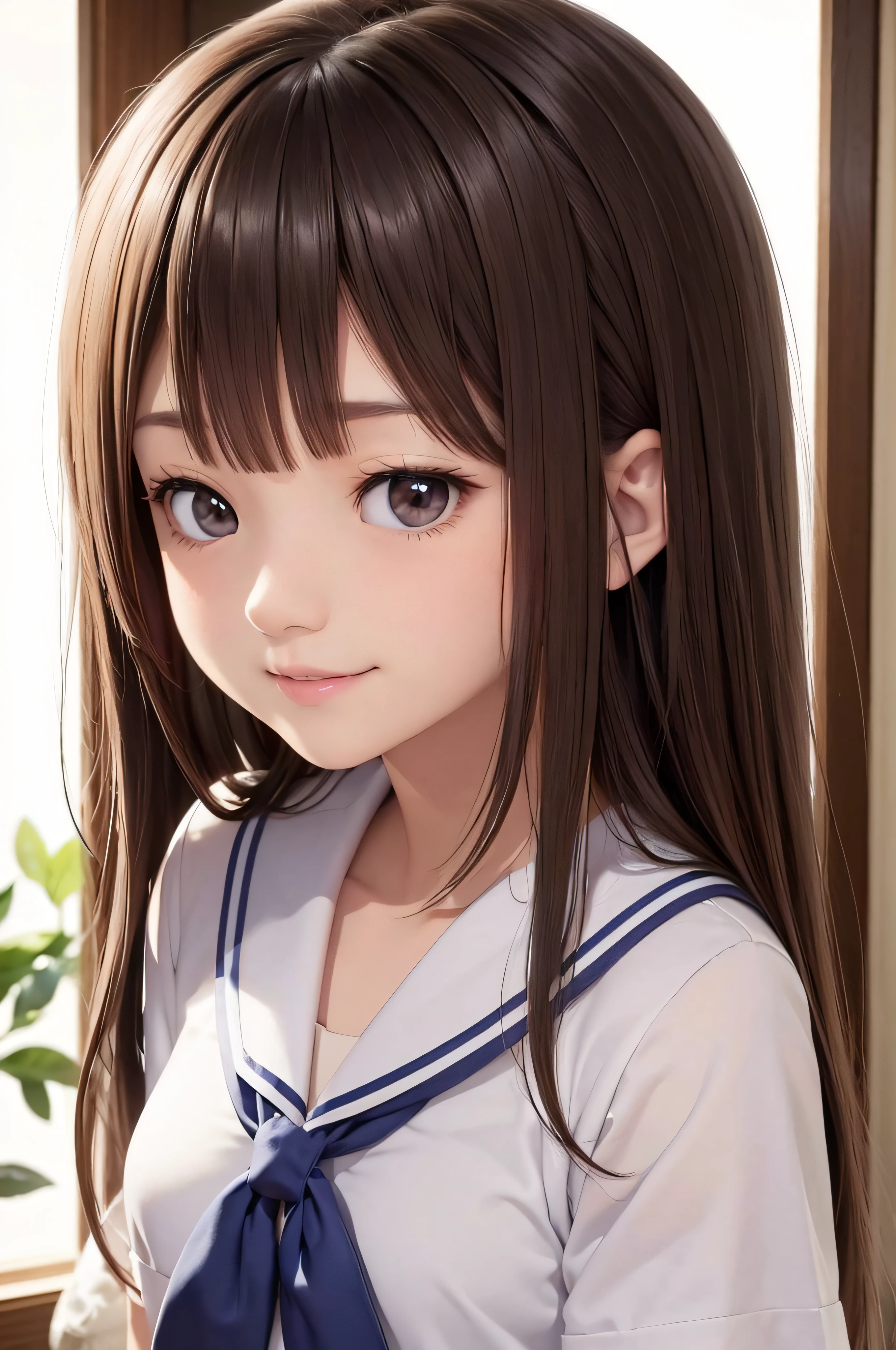 17 age、brown haired、beautidful eyes、real looking skin、hi-school girl、a sailor suit、、(8K、​masterpiece)、(reallistic、Photorealsitic)、top-quality、ighly detailed、The ultra-detailliert、Beautie、cute little、japanes、Idol、a smile、Close-up portrait、Healthy face