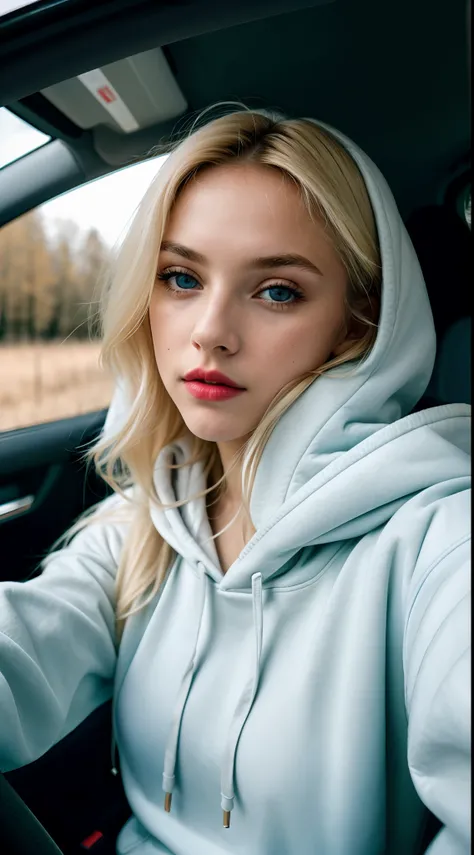 Raw Photo A 22 Year Old Blonde Girl Upper Body Selfie In A Car Blue Hoodie Seaart Ai 8804