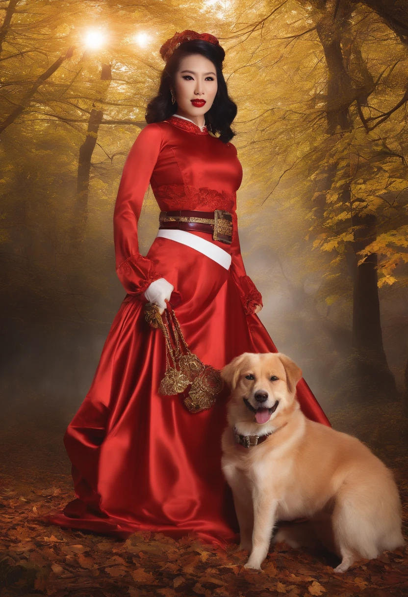 Arafed woman in red dress with dog in forest - SeaArt AI