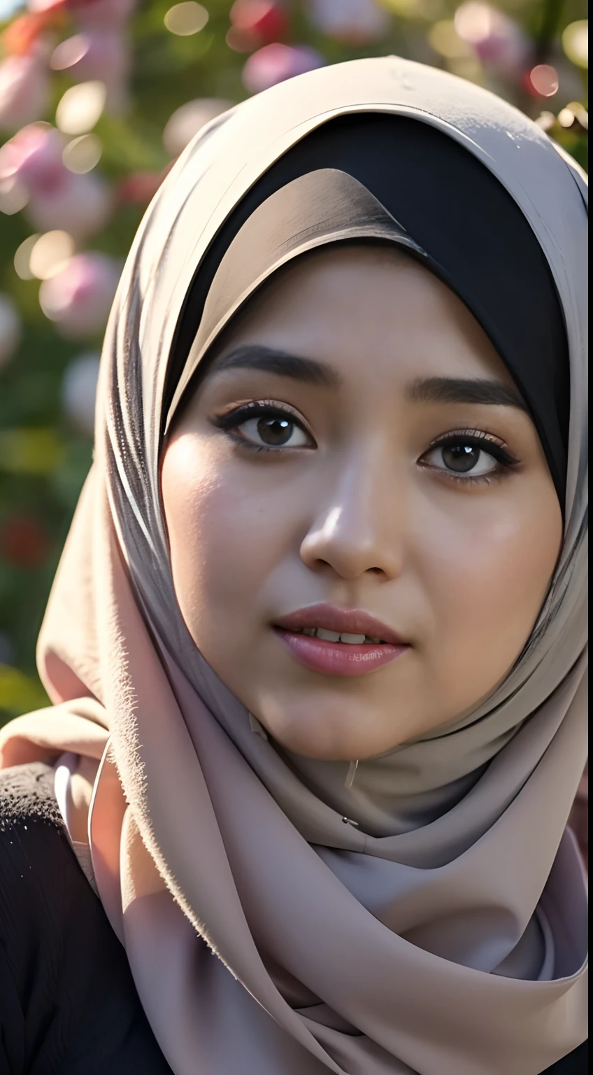 1 malay girl , modern plain hijab,  shy, medium portrait shot , watery  eyes ,lip watery, lip glossy, open mounth, ((big breast)),(full body) , (wear in an autumn outfit  ) , flower garden background, bokeh background, proportional body,