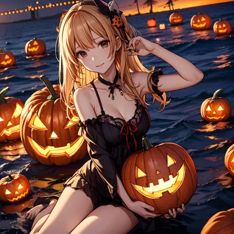 masutepiece、hight resolution、Seaside Girls Halloween Party、Lots of jack-o'-lanterns in the ocean、Delicate and accurate writing