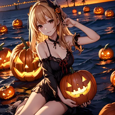 masutepiece、hight resolution、seaside girls halloween party、lots of jack-o'-lanterns in the ocean、delicate and accurate writing