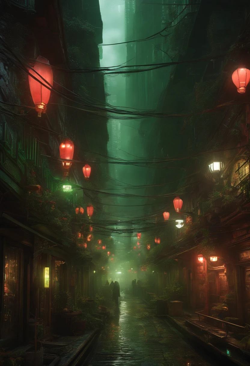 A person walking down a street with lanterns hanging from the ceiling ...