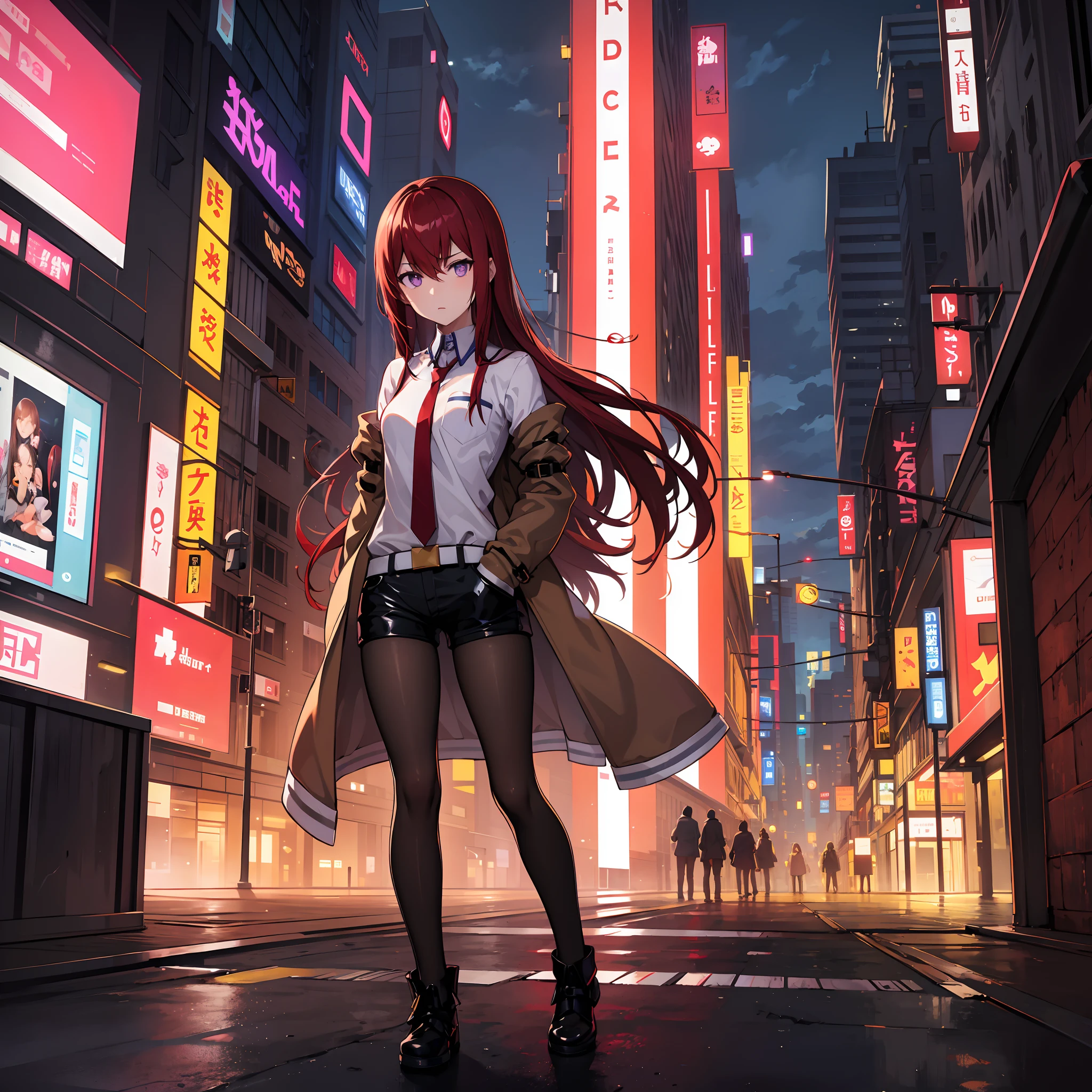 kurisu makise, hair between eyes, hair over shoulder, long hair, (purple eyes:1.1), red hair, straight hair, black pantyhose, black shorts, brown coat, coat, collared shirt, long sleeves, necktie, pantyhose, pantyhose under shorts, shirt, short shorts, shorts, sleeves past wrists, white shirt, wing collar, Standing against a wall in a cyberpunk city of the future, staring ahead with a detached gaze, lot of neon lighting, night