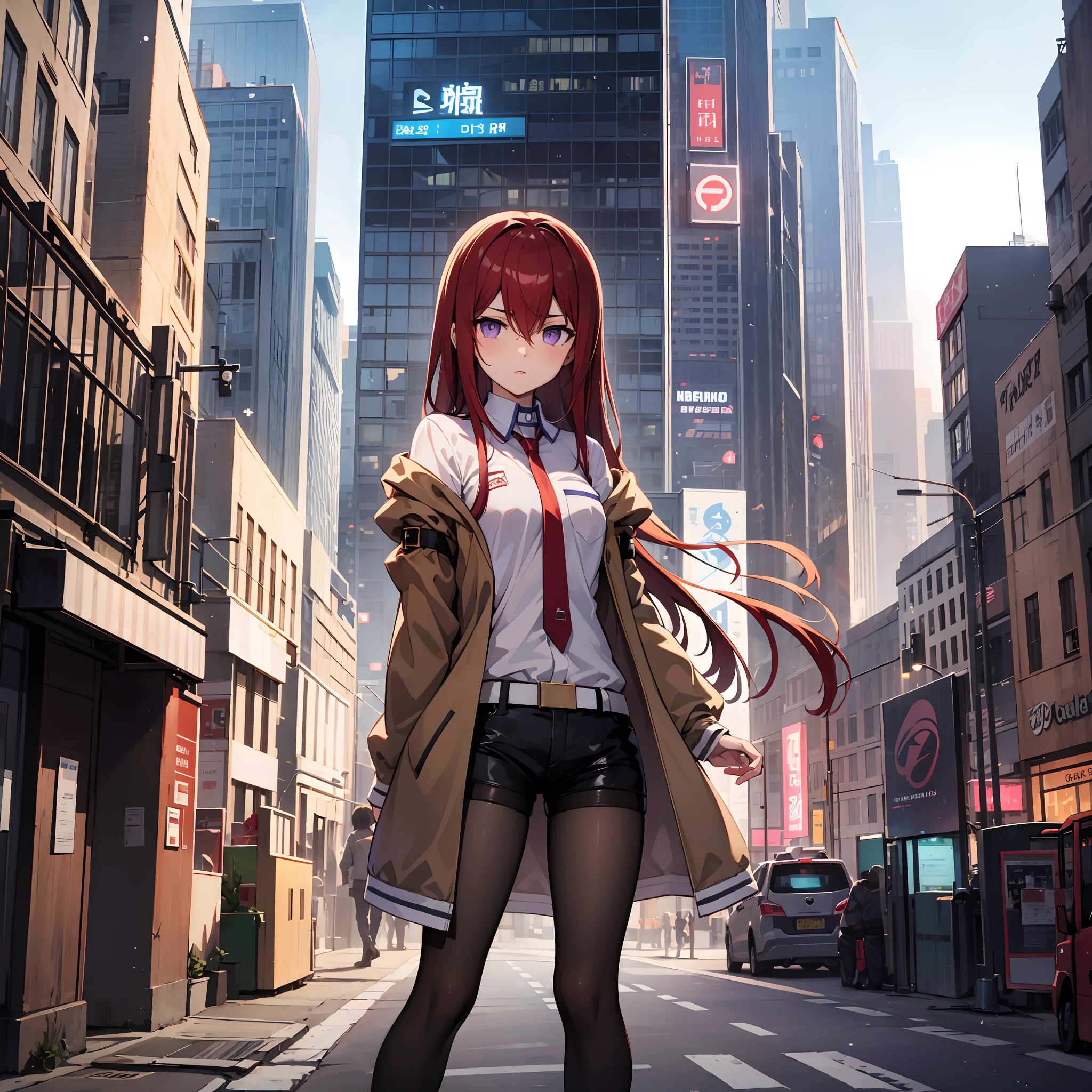 Kurisu Makise, cabelo entre os olhos, cabelo por cima do ombro, cabelo longo, (olhos roxos:1.1), cabelo vermelho, cabelo liso, black meia calça, black Shorts, brown casaco, casaco, collared camisa, mangas compridas, gravata, meia calça, meia calça under Shorts, camisa, short Shorts, Shorts, mangas passando pelos pulsos, white camisa, gola asa, Encostado a uma parede em uma cidade cyberpunk do futuro, olhando para frente com um olhar desapegado