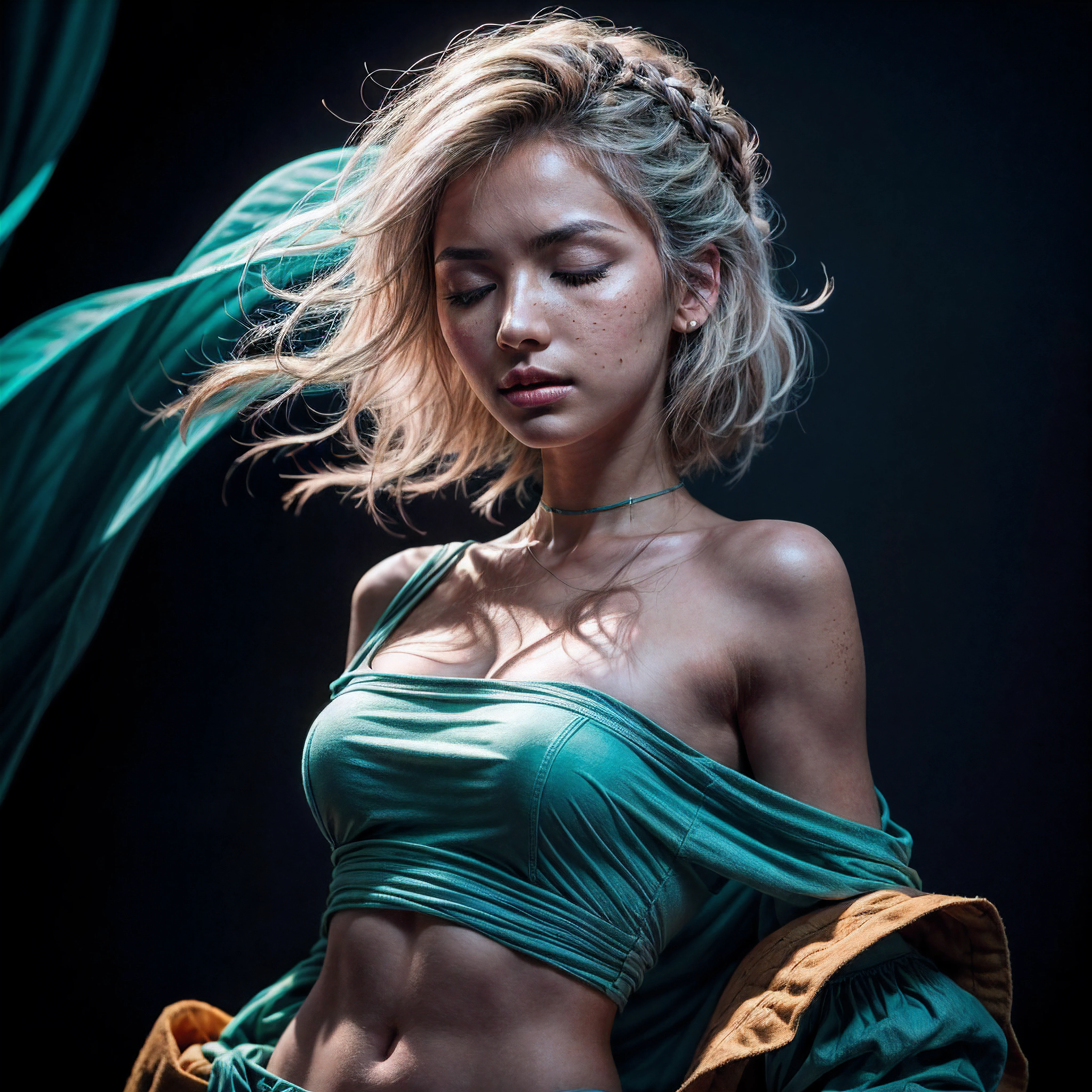 Cinematic Silhouette of a female against a turquoise backdrop, glowing particles around her, voluminous white hair highlighted, (closed eyes:1.2) and calm expression profiled, (small breasts, orange top off shoulders), freckled skin, the photograph captured in stunning 8k resolution and raw format to preserve the highest quality of details, (her eyes are portrayed with meticulous attention to detail: 1.3), The photograph is taken with a lens that emphasizes the depth in her eyes, the backdrop is a dark room setting that enhances the colours of the scene. The lighting and shadows are expertly crafted to bring out the richness of her skin tone and the intense atmosphere. Her hair adds contrast against her skin, the overall composition captures her essence with authenticity and grace, creating a portrait that celebrates her heritage and beauty. Photography utilizing the best techniques for shadow and lighting, to create a mesmerizing portrayal that transcends the visual,