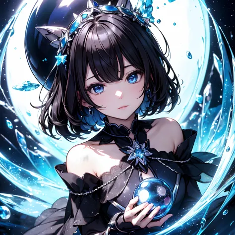 Masterpiece, high resolution, magical girl, black witch, blue shining crystal ball, delicate and precise writing