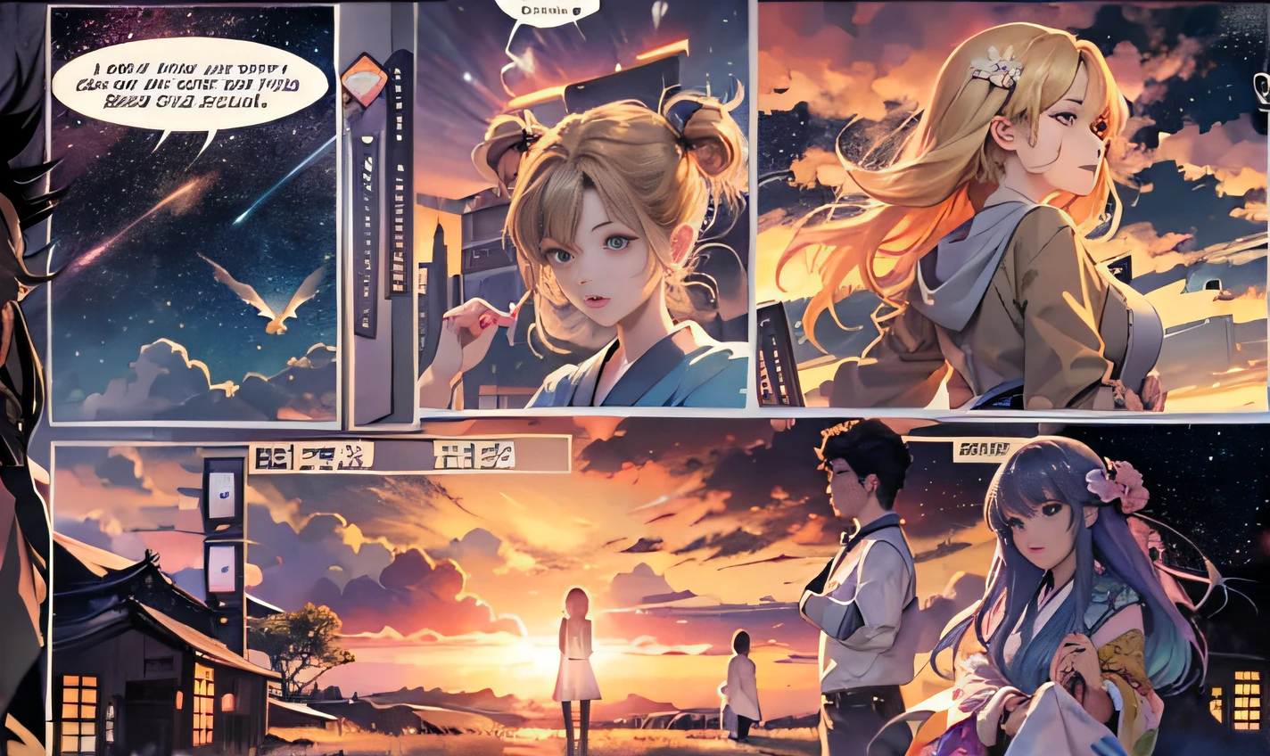 Anime comics with a girl and a boy in front of a sunset - SeaArt AI