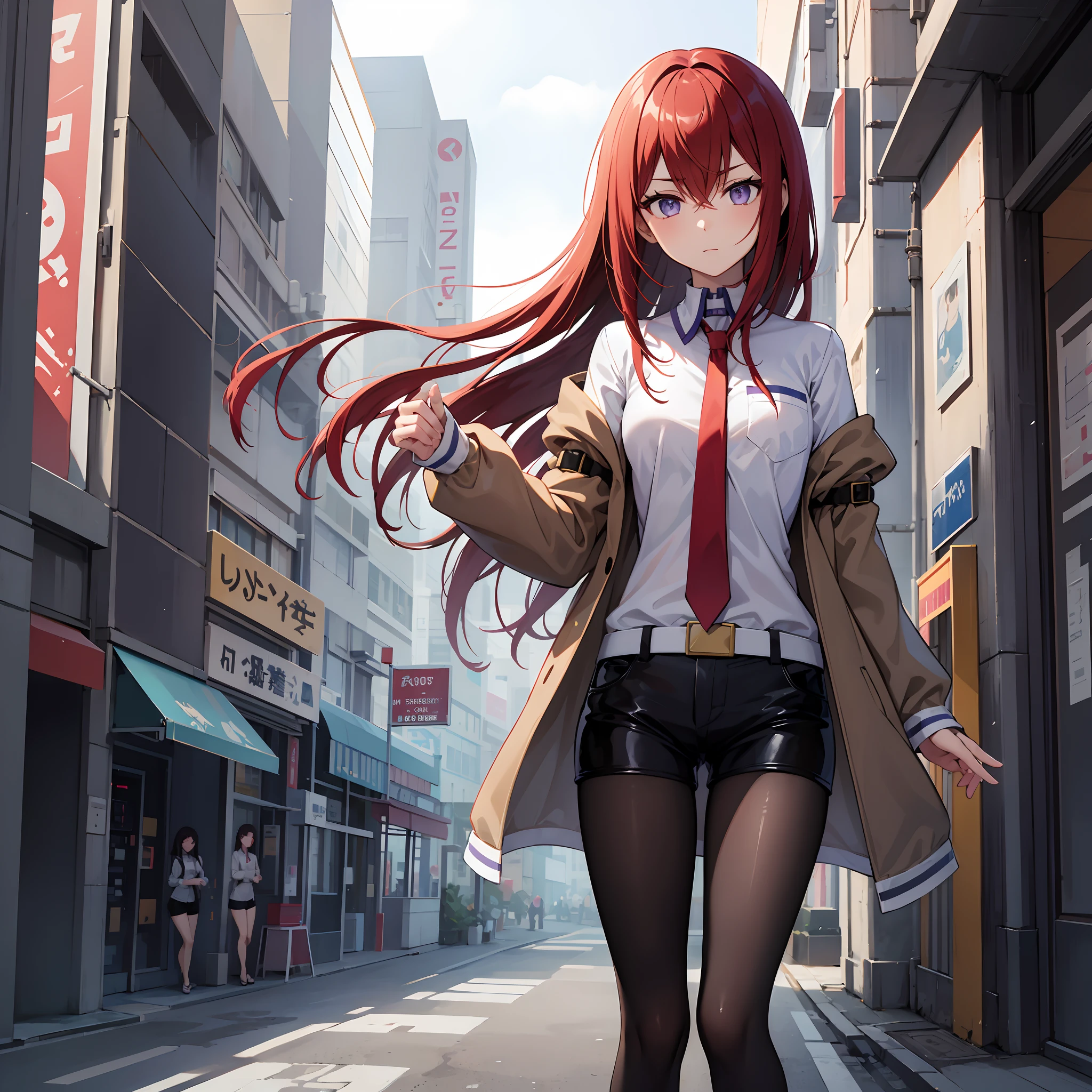 kurisu makise, hair between eyes, hair over shoulder, long hair, (purple eyes:1.1), red hair, straight hair, black pantyhose, black shorts, brown coat, coat, collared shirt, long sleeves, necktie, pantyhose, pantyhose under shorts, shirt, short shorts, shorts, sleeves past wrists, white shirt, wing collar, Standing against a wall in a cyberpunk city of the future, staring ahead with a detached gaze