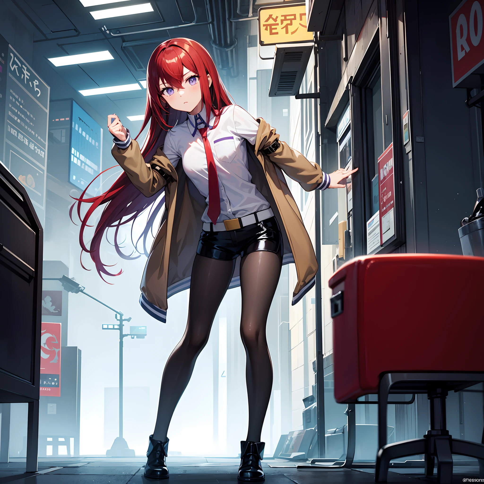 kurisu makise, hair between eyes, hair over shoulder, long hair, (purple eyes:1.1), red hair, straight hair, black pantyhose, black shorts, brown coat, coat, collared shirt, long sleeves, necktie, pantyhose, pantyhose under shorts, shirt, short shorts, shorts, sleeves past wrists, white shirt, wing collar, Standing against a wall in a cyberpunk city of the future, staring ahead with a detached gaze