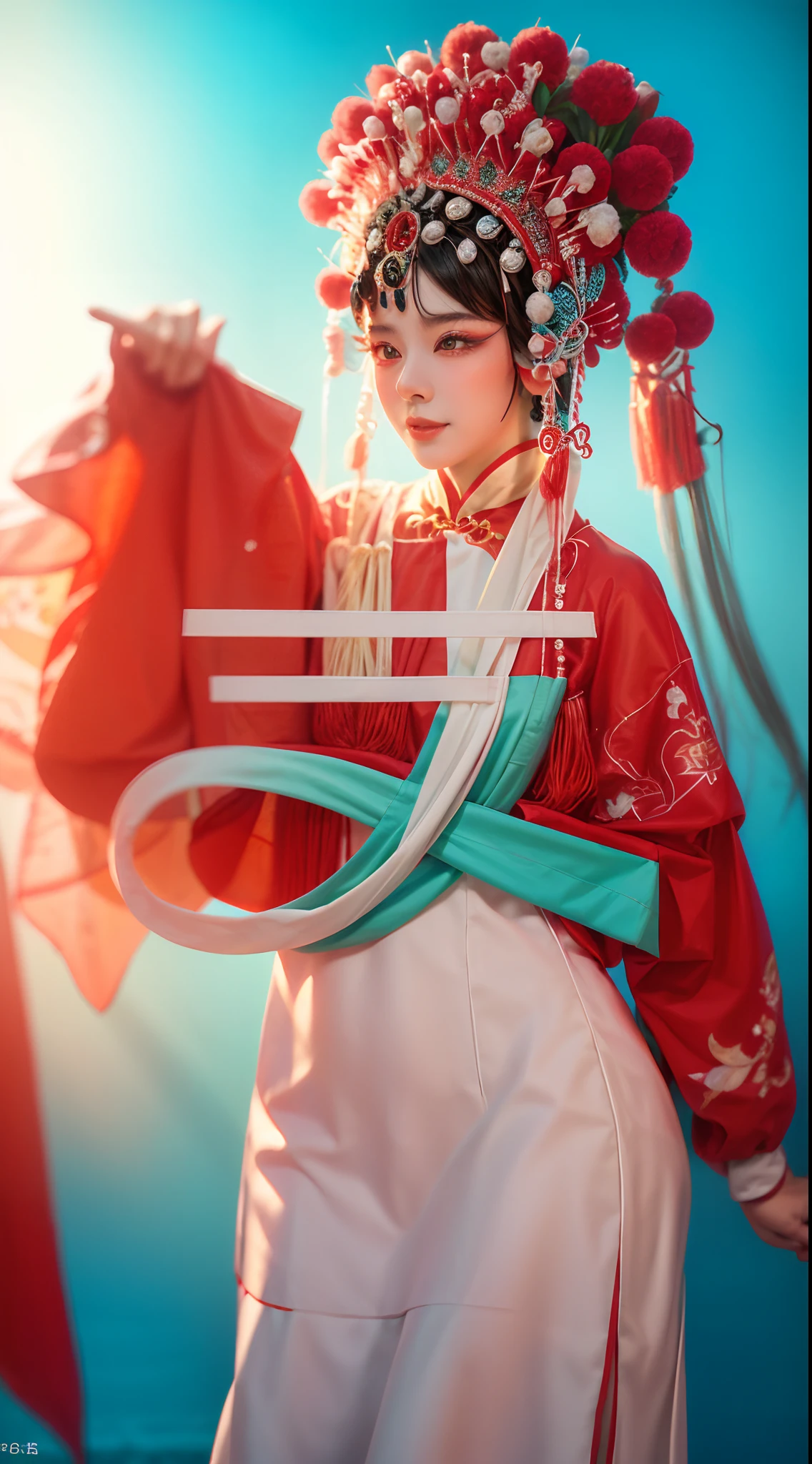 Resolution and quality: 8K, Top quality, Realistic, Medium photography, Grain photos Photography style and effects: Dynamic action, Pale and faded style, Dreamy nostalgia, Soft focus, Vignetting, Blue and white Peking Opera costumes, Chinese opera, Peking Opera costumes, Red pom-pom tiara scene and background: Loft interior background, Green waves, Red and white color scheme Motivation and mood: Magnificent, Majestic momentum, The happy expression of the character, Crazy and complex technology and details: Ultra-fine engraving, Microphotography techniques, The ultra-realistice