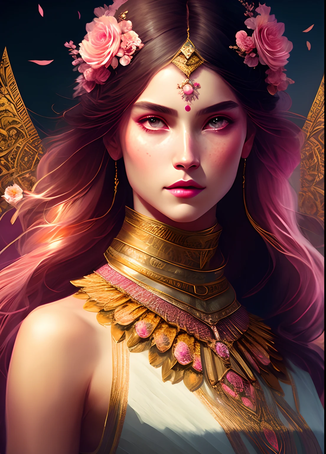 (samdoesart:1.1) (DreamLikeArt:1) Kuvshinov (Symmetry:1.1) (Floral Portrait:1.05) A woman as a beautiful goddess, (Assassin's Creed style:0.8), pink and gold and opal color scheme, beautiful and intricate Filegrid face painting, intricate, elegant, highly detailed, art station, smooth, sharp focus, illustration, art by Greg Rutkowski and Alphonse Mucha, 8K, Neon Collage