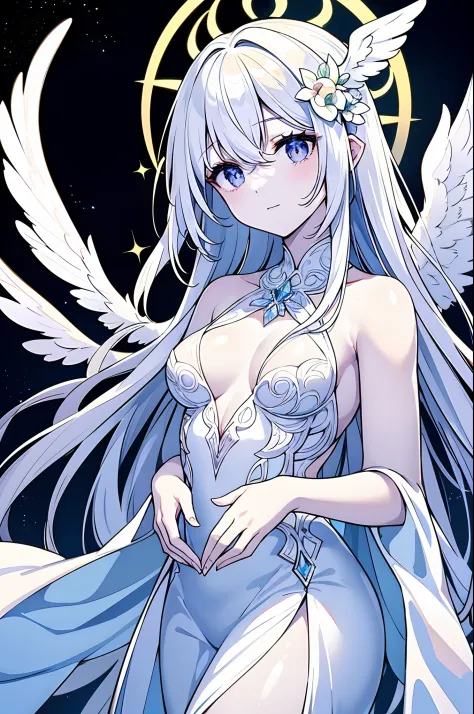An angel is depicted with a pale and luminous complexion, their skin seemingly glowing with an otherworldly radiance. They are adorned with a pair of sparkling and graceful wings, symbolizing their divine nature. The scene is ethereal and enchanting, captu...