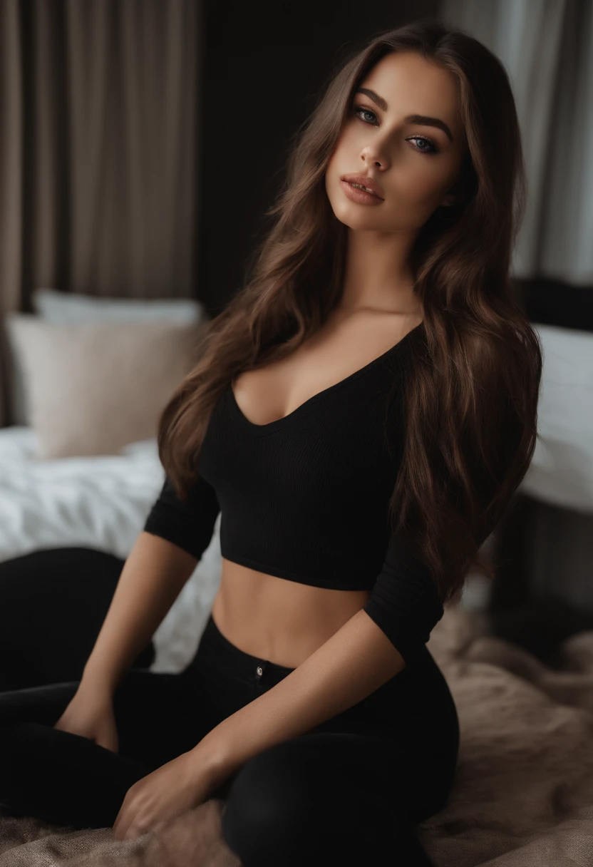 arafed woman with black clothes, sexy girl with brown eyes, portrait sophie mudd, brown hair and large eyes, selfie of a young woman, bedroom eyes, violet myers, without makeup, natural makeup, looking directly at the camera, face with artgram, subtle makeup, stunning full body shot, in bedroom, cleavage