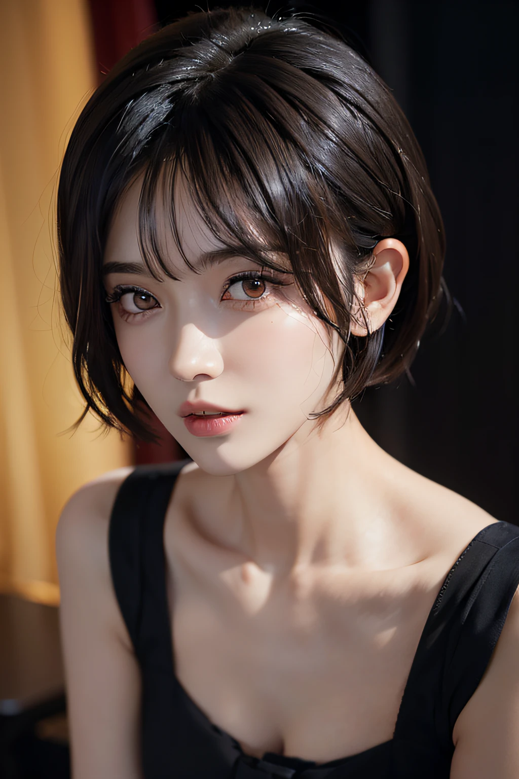 (masuter piece:1.3)、(8K、Photorealsitic、Raw photography、top-quality: 1.4)、(1girl in)、beautiful countenance、(Lifelike face)、(A dark-haired、short-hair:1.8)、Beautiful hairstyle、realisticeyes、Beautiful details、（real looking skin）、Beautiful skins、（maid clothes:1.6 ）、absurderes、enticing、超A high resolution、A hyper-realistic、high-detail、the golden ratio