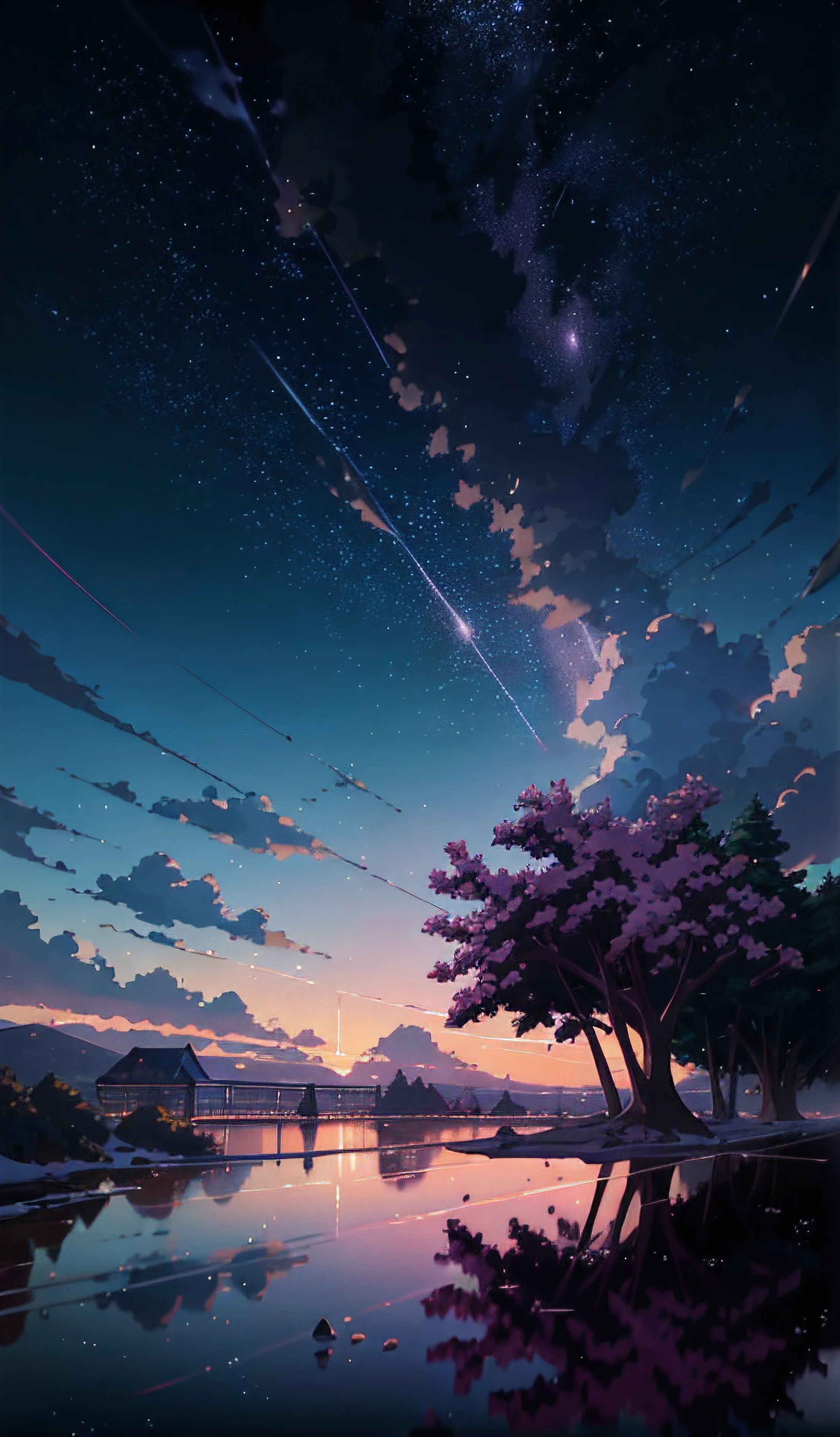 The picture is bright and well lit. no humans. (((Makoto Shinkai style)),pixiv,anime drawing,high quality,pink purple sky,beautiful scene),(universe,train passing,magical realism,((makoto shinkai style)) ::0.8), [Artistic Atmosphere, Atmosphere:0.8, Starry Sky, Hills, Snow Mountain, Sparkling Water, Grass, Trees, Smoke, Stars, Low Angle of View, Specular Scattering,