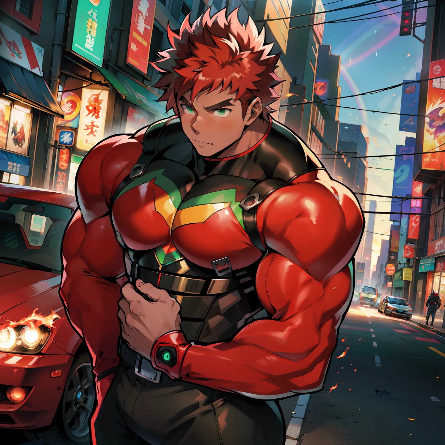 ((Anime style art)), Extremely muscular masculine character, tan skin,  rainbow hair,  green eyes s, bodybuilder body, tight red corset, ((flaming hands)) futuristic crystal rustic cityscape, Busy route, Buildings, person
AS & Vehicles. Main character from the anime, suoerhery, Nice image, Hard drive, 4k, Main character