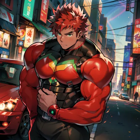 ((Anime style art)), Extremely muscular masculine character, tan skin,  rainbow hair,  green eyes s, bodybuilder body, tight red...