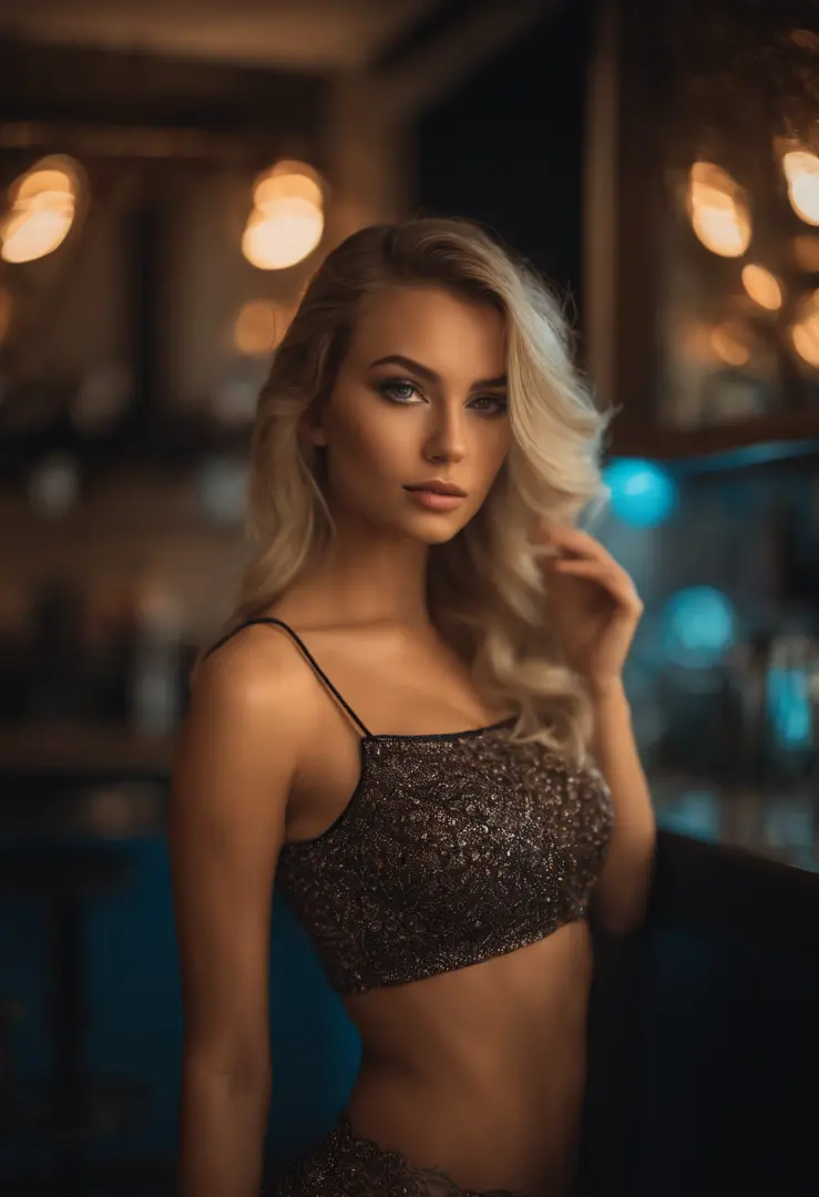 Blonde woman posing in nightclub with matching tank top and skirt, Sexy girl with blue eyes, portrait sophie mudd, blur backgrou...