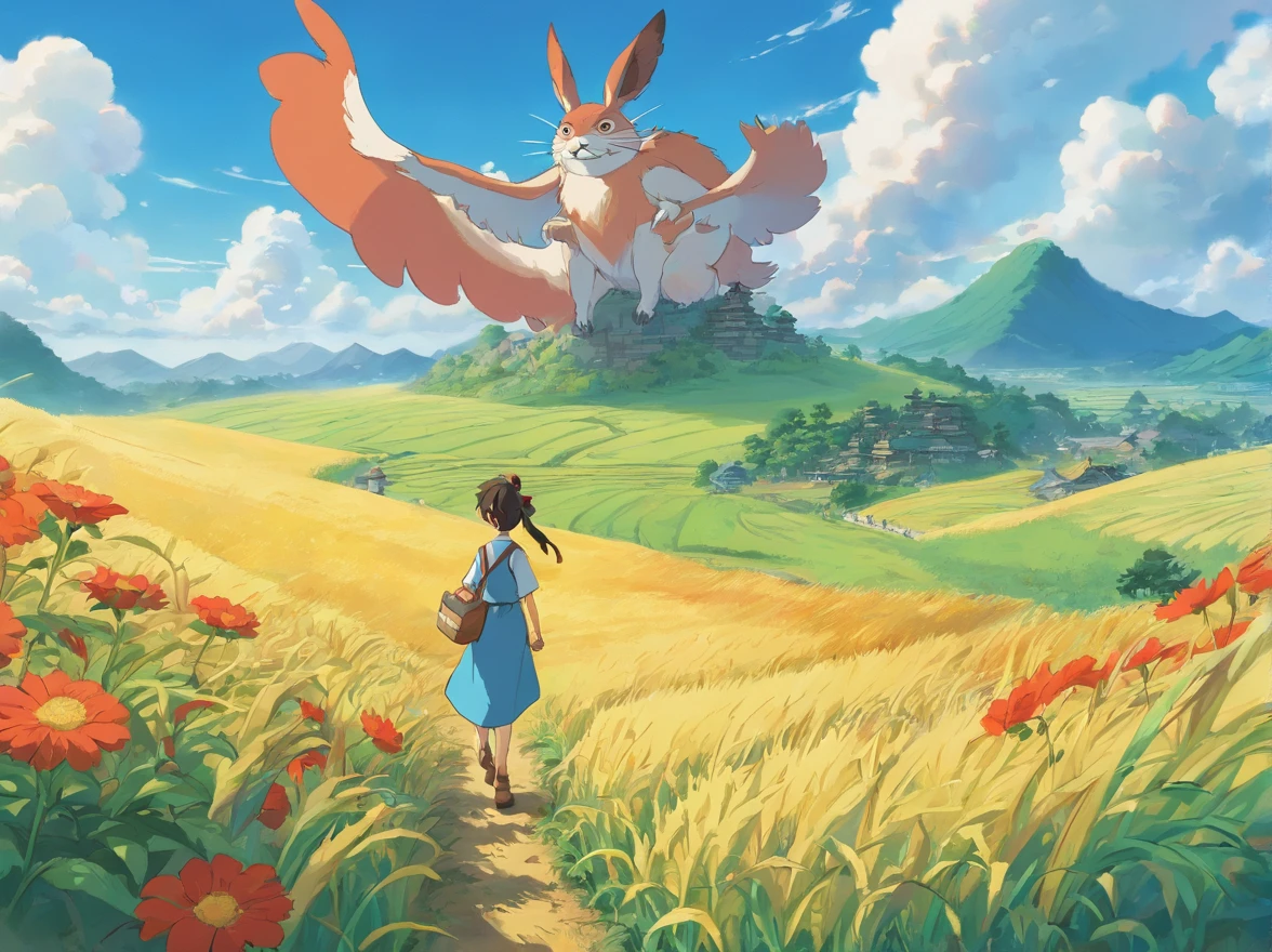 A woman walking through a field with a giant pokemon flying above her -  SeaArt AI