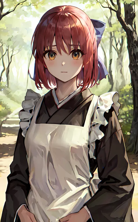 masterpiece, best quality, kohaku, japanese clothes,kimono,half updo,apron, forest , looking at viewer