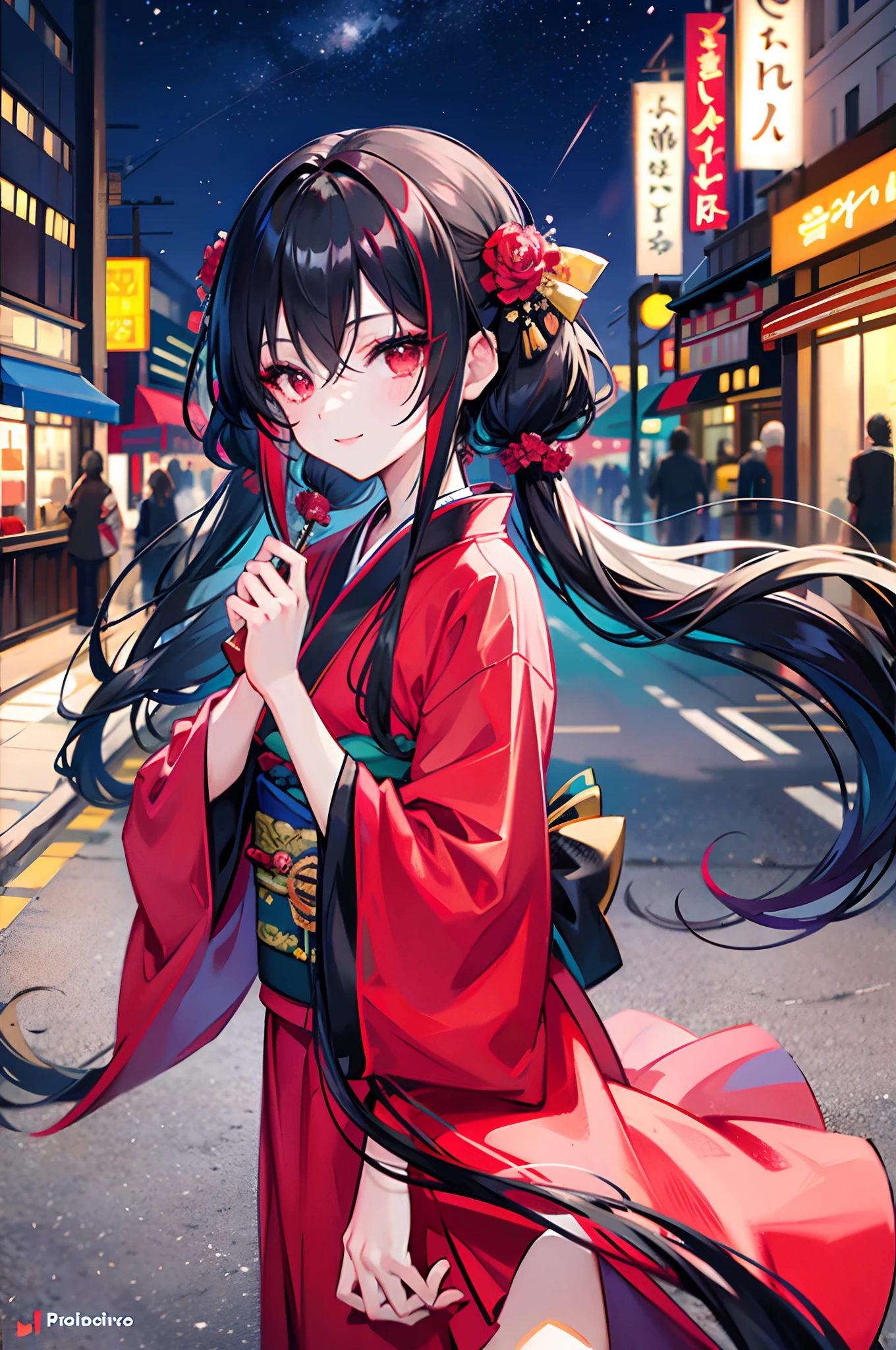 vibrant colors, girl, masterpiece, sharp focus, best quality, depth of field, cinematic lighting, action shot, very long hair, long hair, kimono, night sky, starry sky, street, town, hair between eyes, red eyeliner, red eyeshadow, black hair, red eyes, twintail, outdoors, red dress, smile,